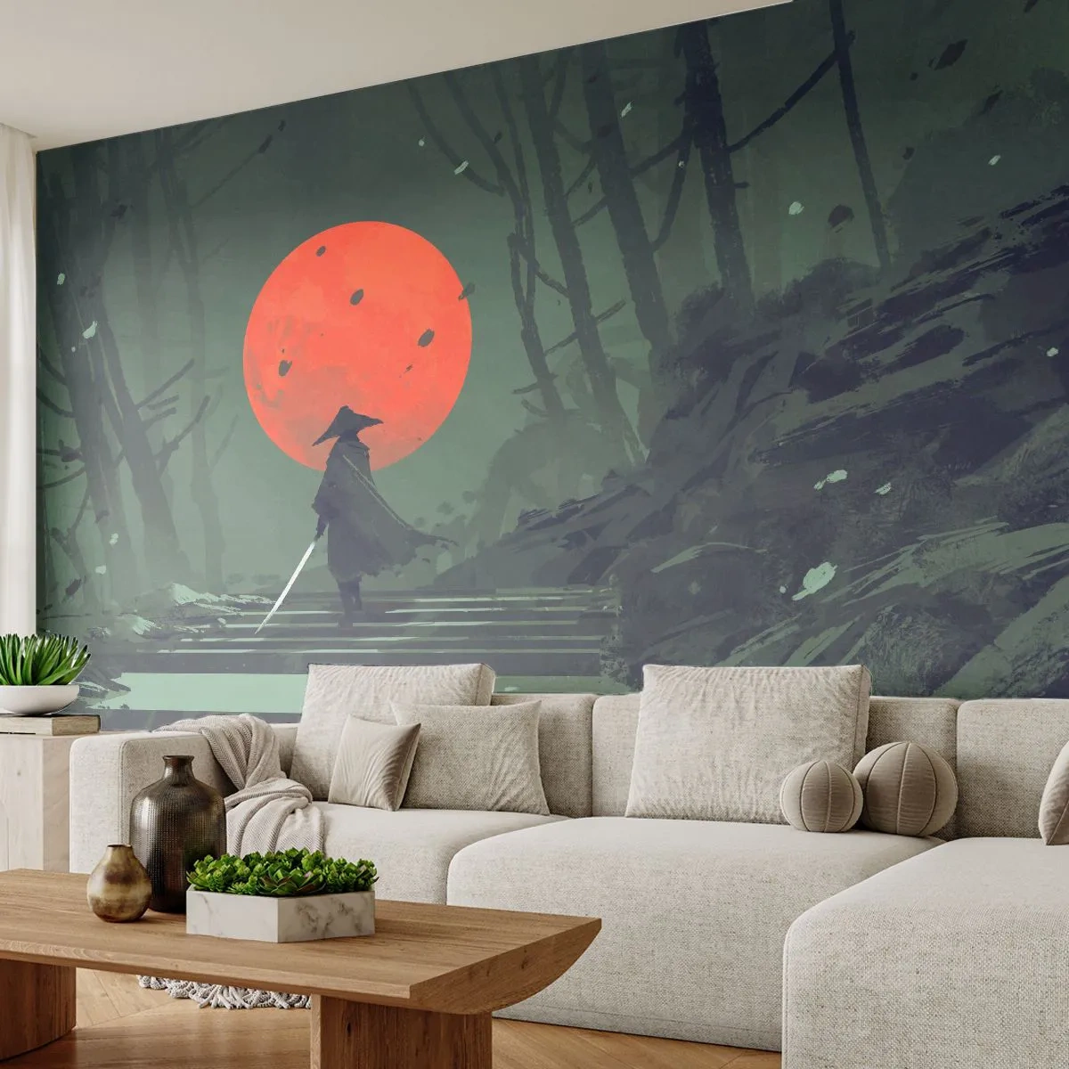Fototapete Premium Sand - Ein einsamer Krieger auf der Treppe in einem Wald mit einem roten Mond. - 100x70cm - Krieger des Roten Mondes - Moderne Wanddekoration für Wohnzimmer und Schlafzimmer ARTTOR