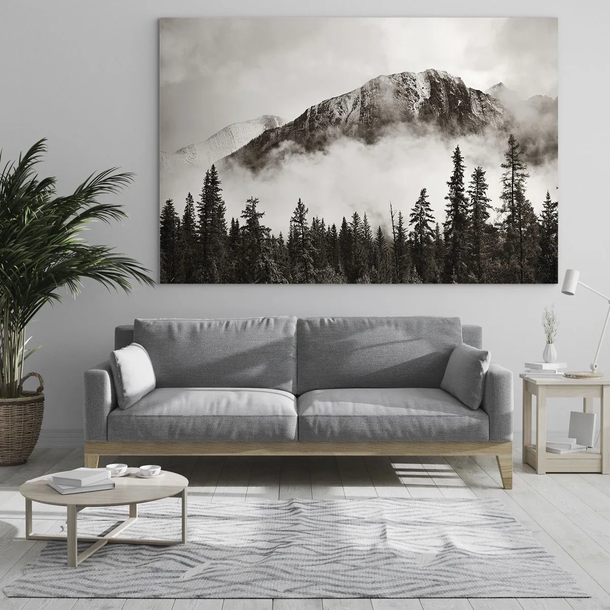 Glasbild - Bild auf glas - Berglandschaft mit Wald und Nebel in Sepiatönen - 70x50cm - Lineal aus Granit - Moderne Wanddekoration für Wohnzimmer und Schlafzimmer ARTTOR