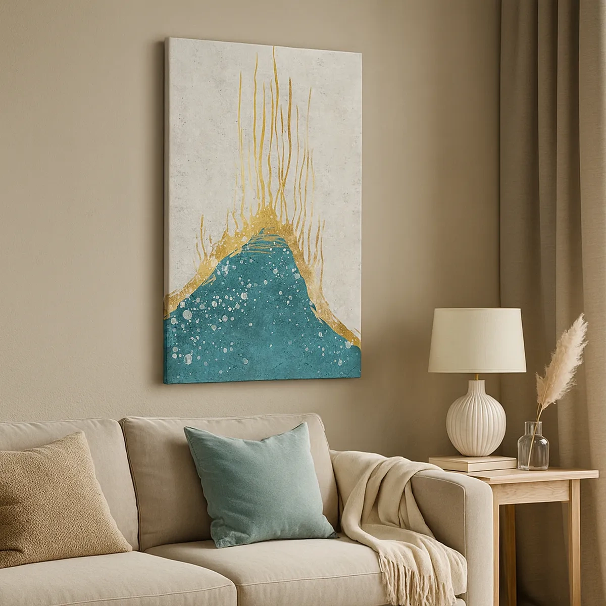 Bild auf Leinwand - Leinwandbild - Eine abstrakte Komposition in Gold- und Türkistönen - 50x70cm - Goldene Flut - Moderne Wanddekoration für Wohnzimmer und Schlafzimmer ARTTOR