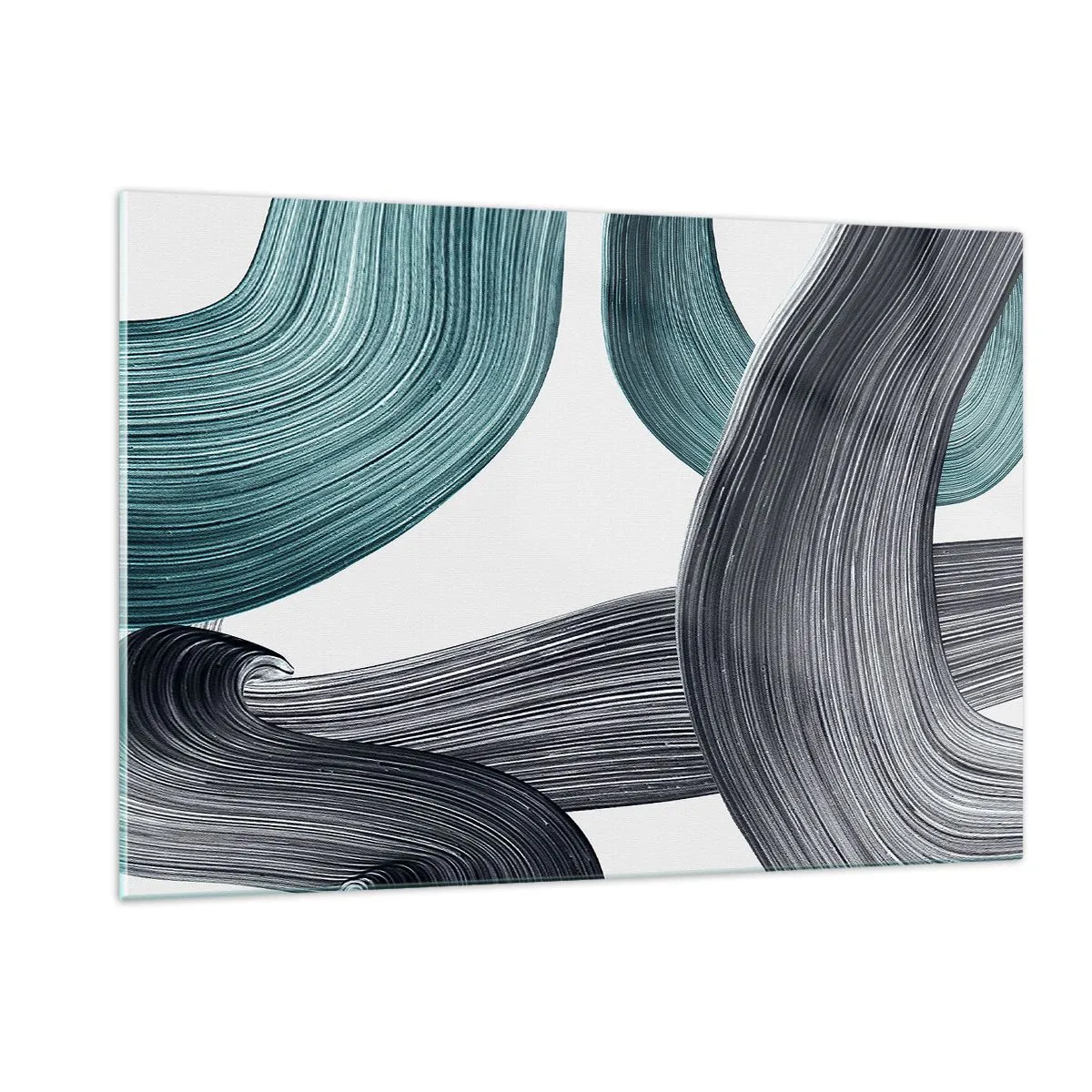 Glasbild - Bild auf glas - Dynamische Streifen in Smaragd- und Schwarztönen auf weißem Hintergrund - 120x80cm - Smaragdgrüne und schwarze Pfade - Moderne Wanddekoration für Wohnzimmer und Schlafzimmer ARTTOR