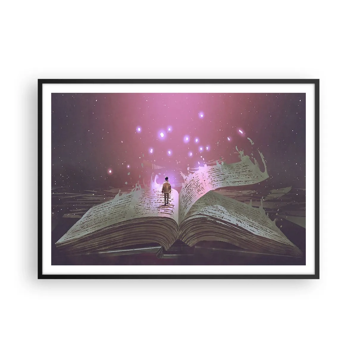 Poster in einem schwarzem Rahmen - Eine Figur tritt in einem magischen Licht auf ein offenes Buch. - 100x70cm - Einladung in eine andere Welt - lesen Sie! - Moderne Wanddekoration für Wohnzimmer und Schlafzimmer ARTTOR