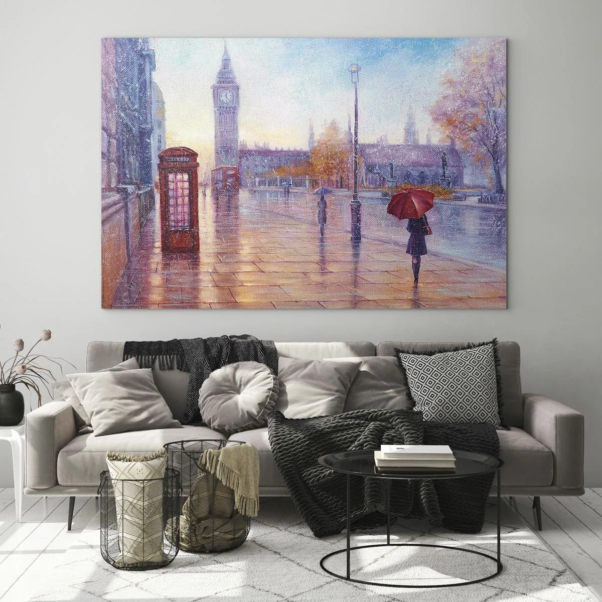 Glasbild - Bild auf glas - Londoner Szene im Regen mit Big Ben und der roten Box - 120x80cm - Londoner Herbsttag - Moderne Wanddekoration für Wohnzimmer und Schlafzimmer ARTTOR