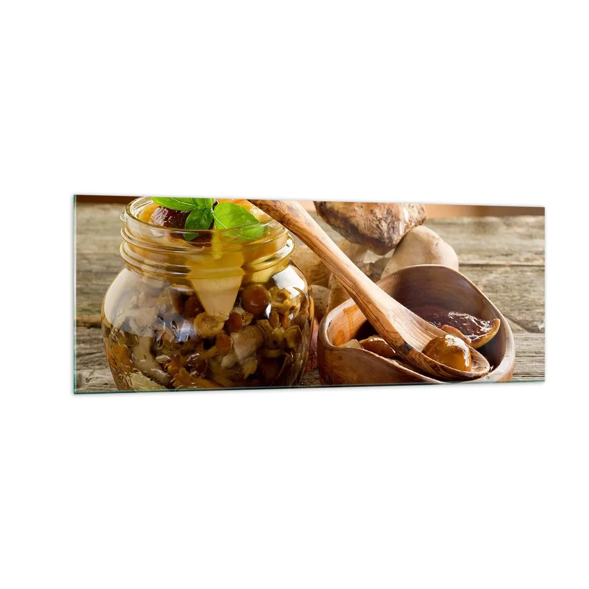 Glasbild - Bild auf glas - Natürliche Pilze in einem Glas auf einem rustikalen Tisch - 140x50cm - Ob frisch oder gesalzen, oder in der Herbstsaison ... - Moderne Wanddekoration für Wohnzimmer und Schlafzimmer ARTTOR
