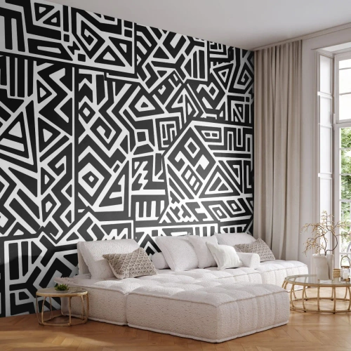 Fototapete Standard Eco - Präkolumbianische Komposition - Abstraktion, Stück, Schwarz und weiß - 200x140 cm