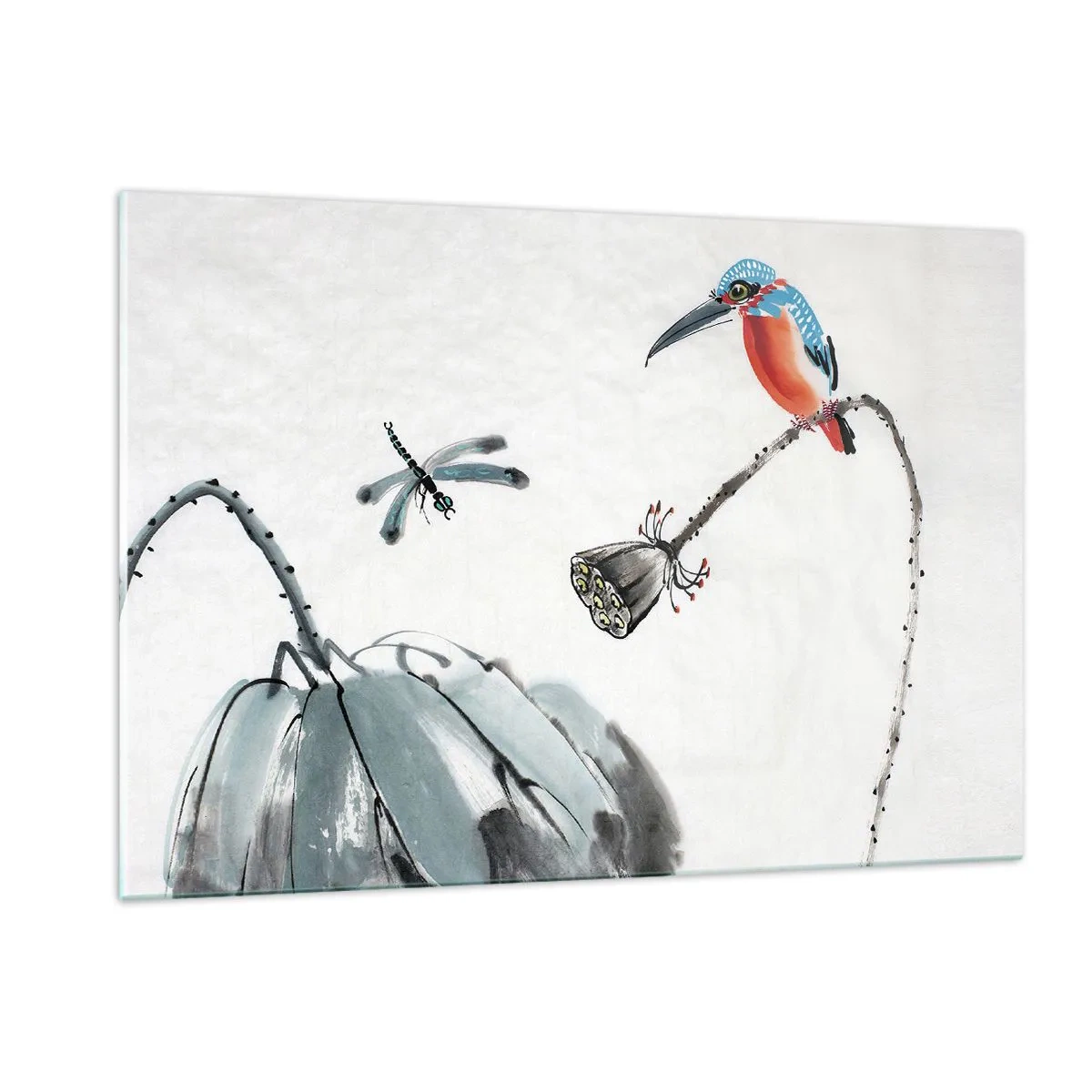 Glasbild - Bild auf glas - Illustration eines bunten Vogels und einer Libelle vor einem Hintergrund aus Vegetation - 120x80cm - Das Leben der Wiese - Moderne Wanddekoration für Wohnzimmer und Schlafzimmer ARTTOR