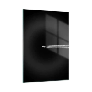 Glasbild - Bild auf glas - Ein Düsenflugzeug auf schwarzem Hintergrund mit Kondensstreifen - 50x70cm - In eine andere Dimension - Moderne Wanddekoration für Wohnzimmer und Schlafzimmer ARTTOR