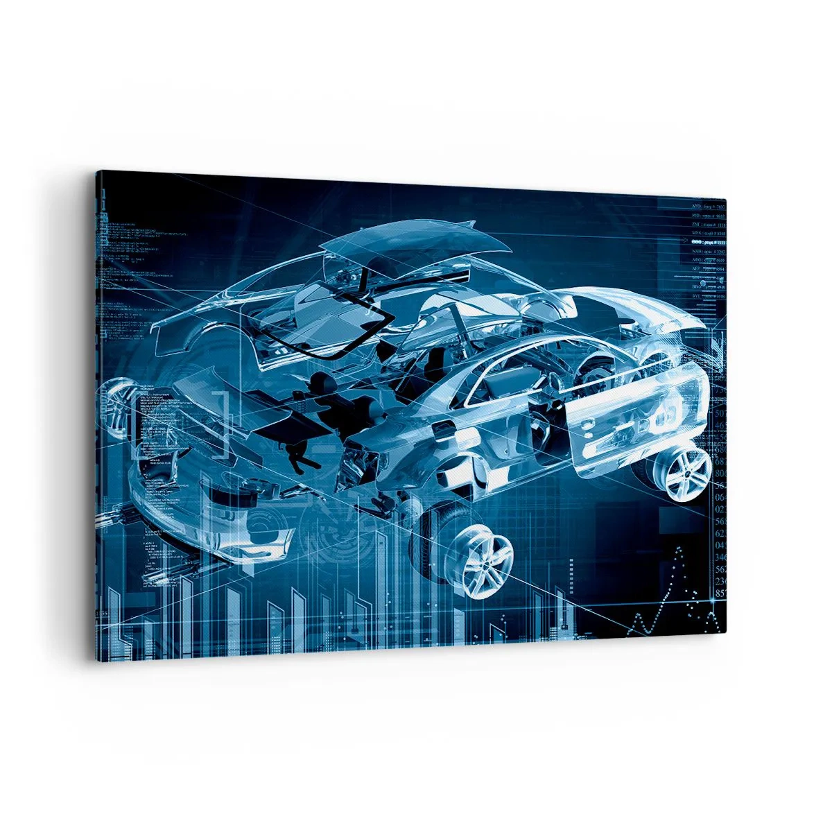 Bild auf Leinwand - Leinwandbild - Eine moderne technische Zeichnung eines Autos mit Strukturelementen - 100x70cm - Technische Anatomie - Moderne Wanddekoration für Wohnzimmer und Schlafzimmer ARTTOR