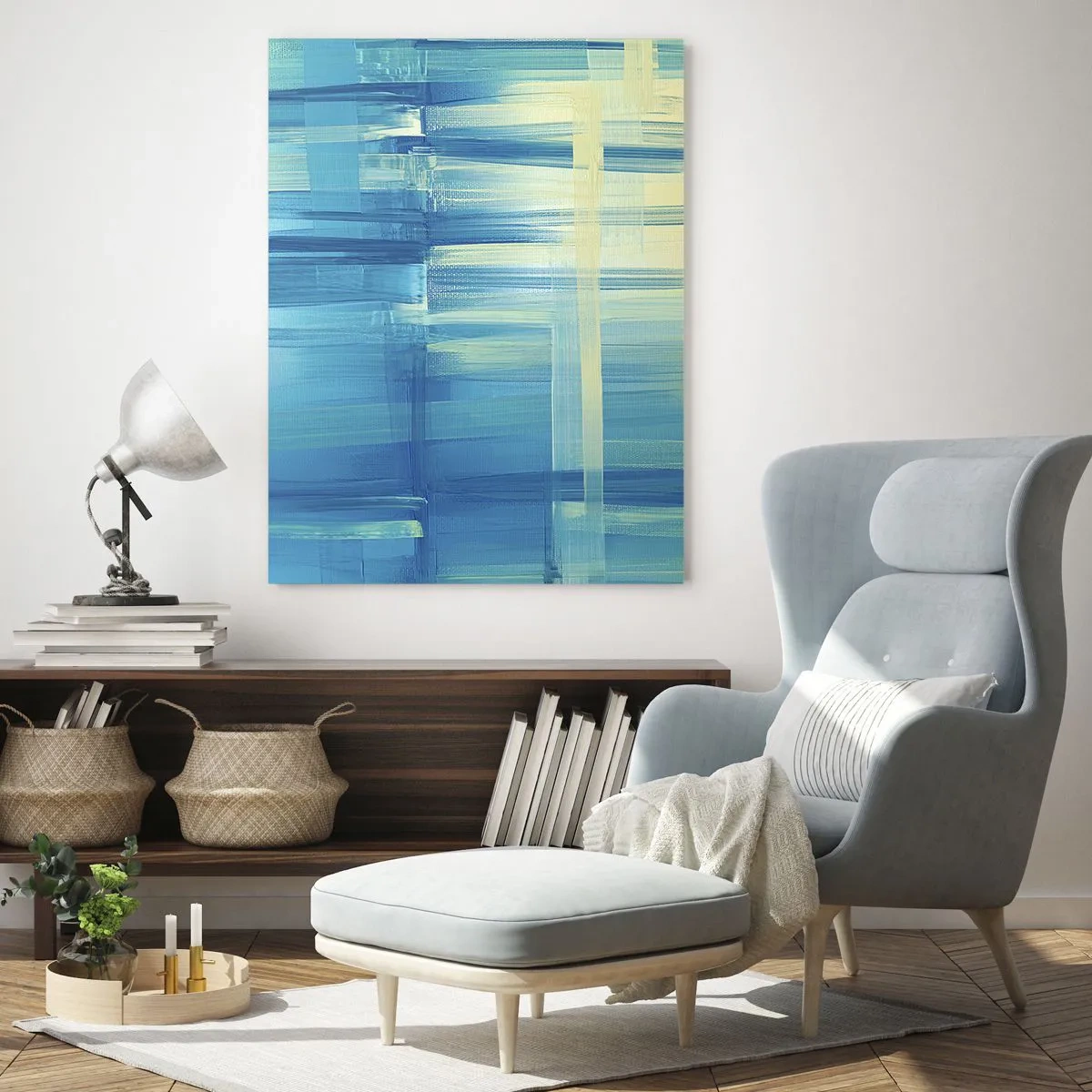 Glasbild - Bild auf glas - Ein abstraktes Gemälde in Türkis- und Blautönen mit geometrischen Pinselstrichen. - 70x100cm - Komposition in Türkis - Moderne Wanddekoration für Wohnzimmer und Schlafzimmer ARTTOR