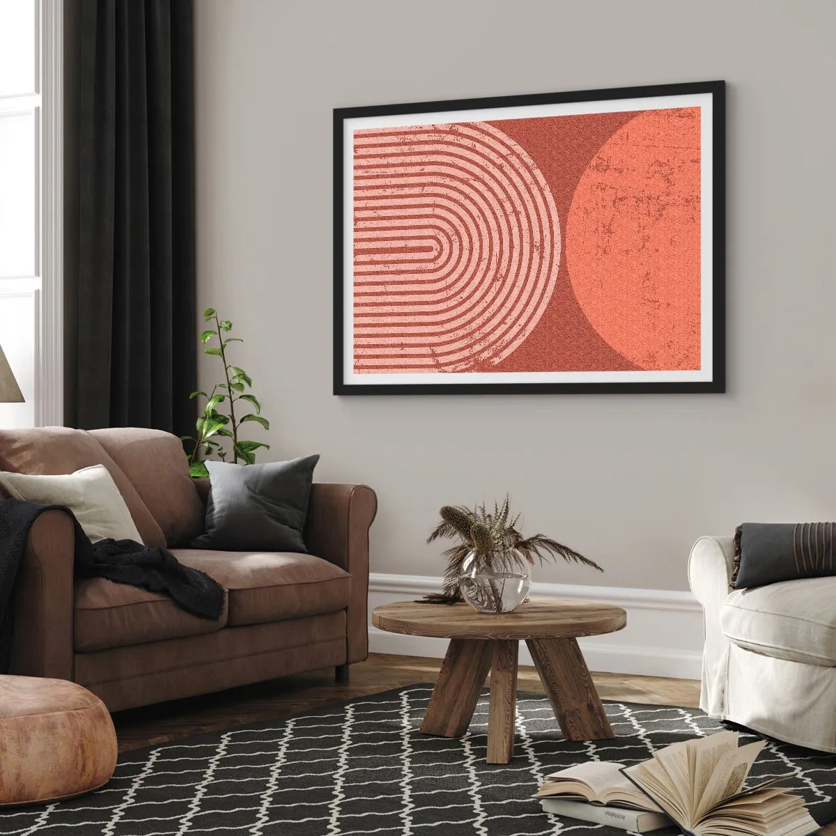 Poster in einem schwarzem Rahmen - Geometrische Muster in Terrakotta-Tönen auf Vintage-Hintergrund - 100x70cm - Enge Beziehung - Moderne Wanddekoration für Wohnzimmer und Schlafzimmer ARTTOR