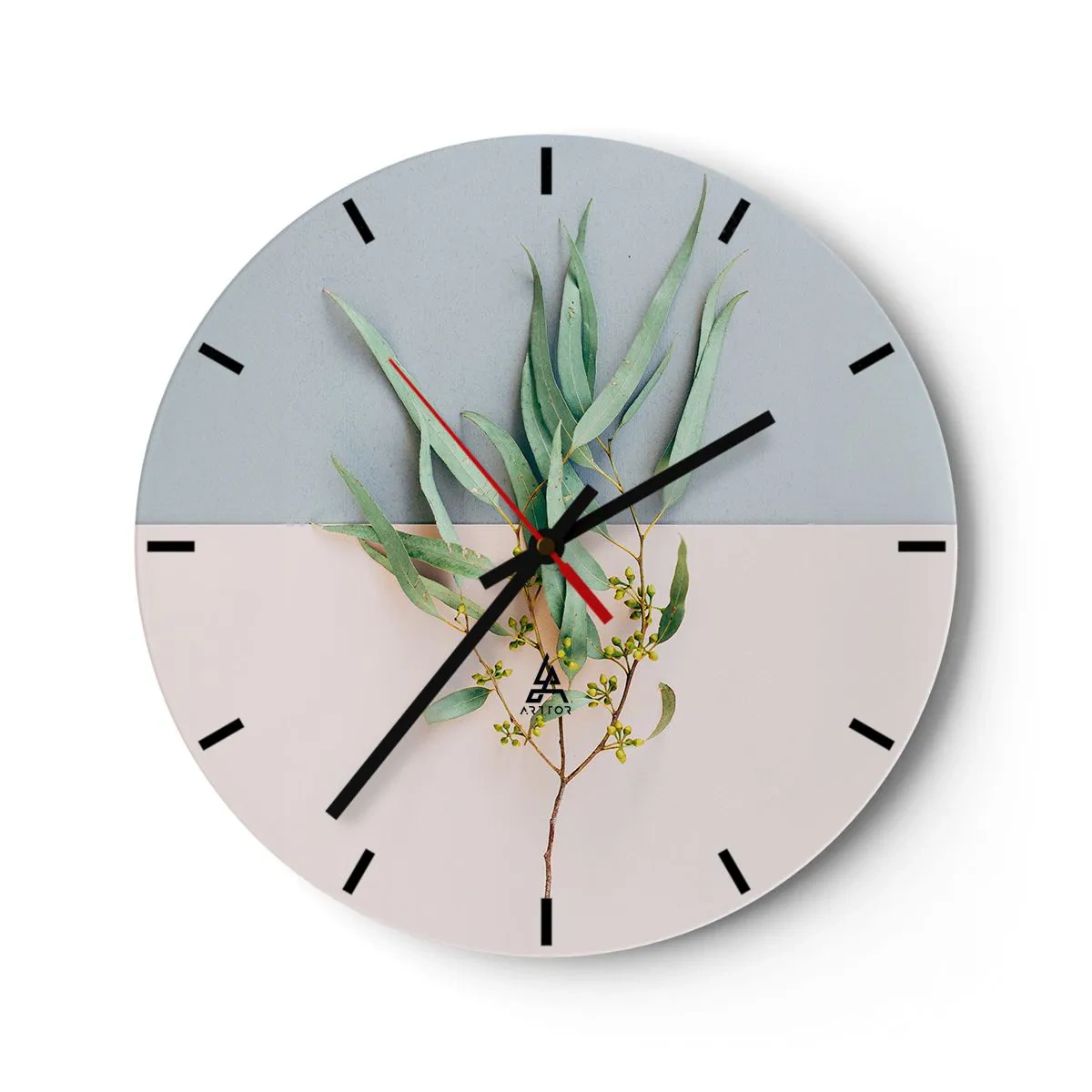 Wanduhr - Glasuhr - Ein grüner Zweig vor einem Hintergrund aus blauen und beigen Pastelltönen - 30x30cm - Pastellige Subtilität - Moderne Wanddekoration für Wohnzimmer, Küche und Schlafzimmer ARTTOR