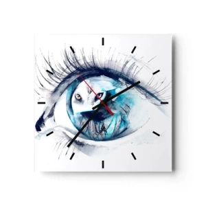 Wanduhr - Glasuhr - Ein Auge mit dem Bild einer Eule in Aquarell-Blautönen - 30x30cm - Auge in Auge mit Wildheit - Moderne Wanddekoration für Wohnzimmer und Schlafzimmer ARTTOR