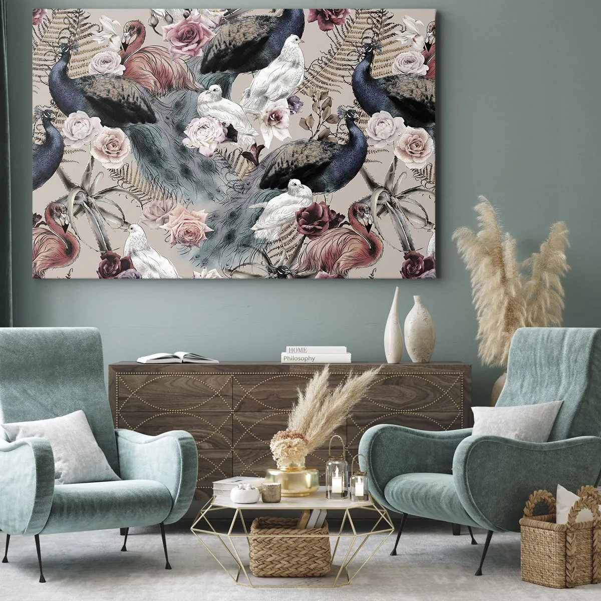 Bild auf Leinwand - Leinwandbild - Eine Landschaft mit Pfauenfedern, Rosen und Vögeln im romantischen Stil. - 70x50cm - Im Schlossgarten - Moderne Wanddekoration für Wohnzimmer und Schlafzimmer ARTTOR