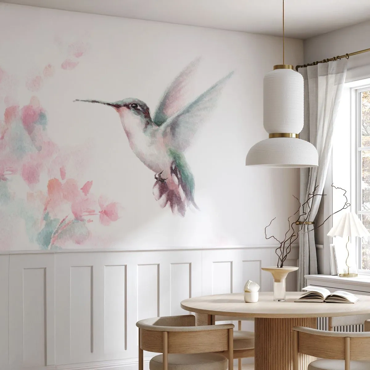 Fototapete Premium Sand - Aquarell Kolibri zwischen Pastellblumen - 100x70cm - Im Flattern gehalten - Moderne Wanddekoration für Wohnzimmer und Schlafzimmer ARTTOR