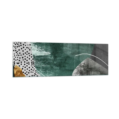 Glasbild - Bild auf glas - Abstrakte Komposition mit grünen Formen und Punktmustern - 160x50cm - Bunte Abstraktion mit Blattgold - Moderne Wanddekoration für Wohnzimmer und Schlafzimmer ARTTOR