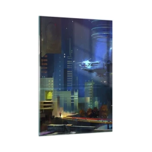 Glasbild - Bild auf glas - Futuristische Stadt bei Nacht mit Neonlichtern und einem fliegenden Fahrzeug - 80x120cm - In naher Zukunft - Moderne Wanddekoration für Wohnzimmer und Schlafzimmer ARTTOR