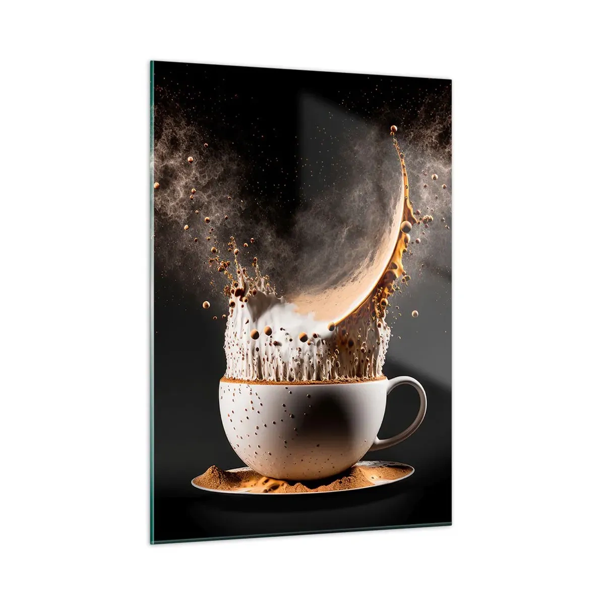 Glasbild - Bild auf glas - Kaffee mit Milch in einer dynamischen Aufnahme spritzen - 50x70cm - Geschmacksexplosion - Moderne Wanddekoration für Wohnzimmer und Schlafzimmer ARTTOR