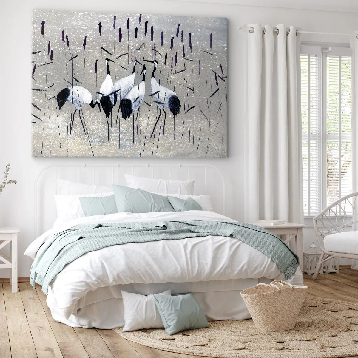 Bild auf Leinwand - Leinwandbild - Reiher im Gras vor einem friedlichen Hintergrund - 120x80cm - Unter ihren eigenen - Moderne Wanddekoration für Wohnzimmer und Schlafzimmer ARTTOR