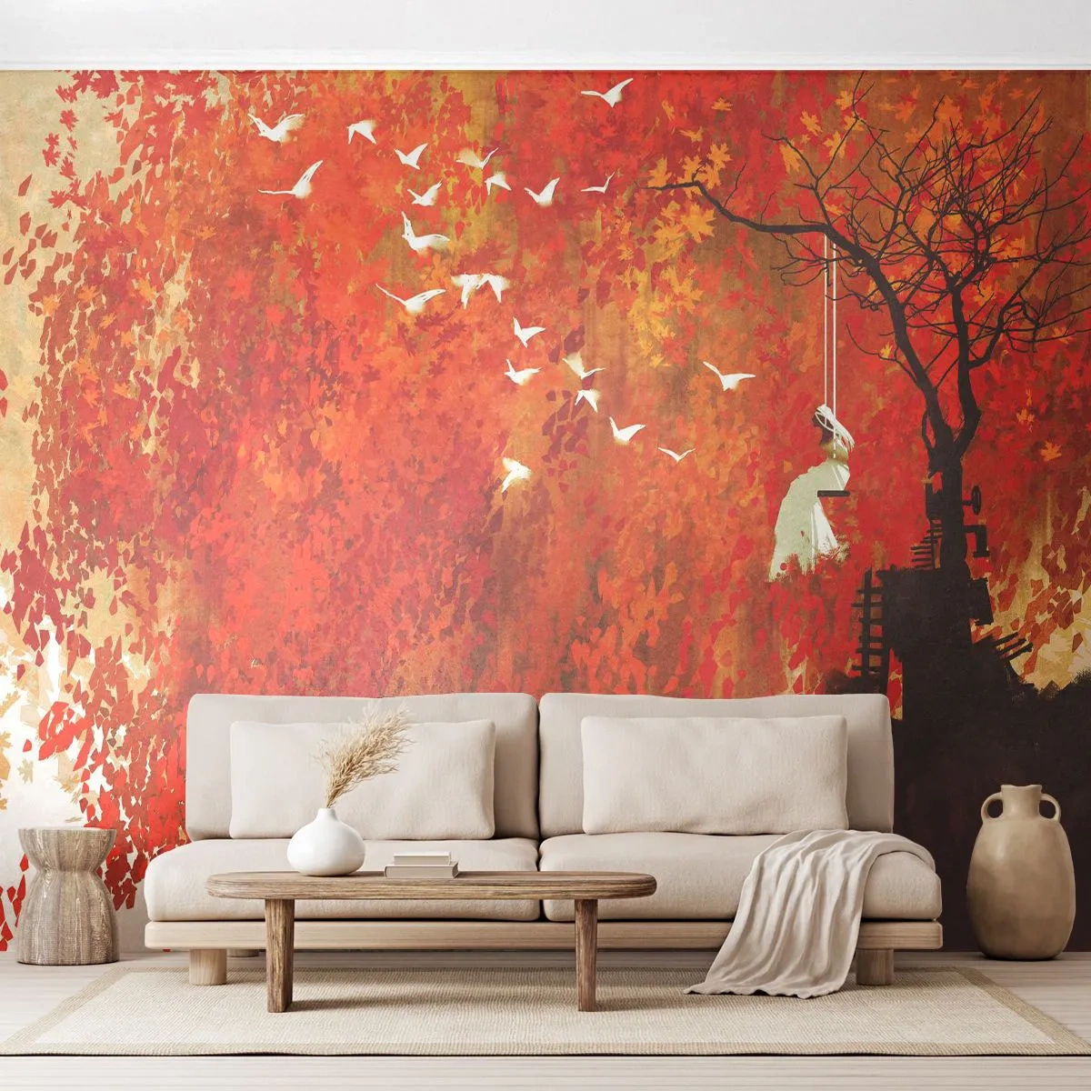 Fototapete Premium Sand - Herbstillustration mit einem Baum, einer Schaukel und Vögeln - 100x70cm - Wird er mit ihnen fliegen? - Moderne Wanddekoration für Wohnzimmer und Schlafzimmer ARTTOR