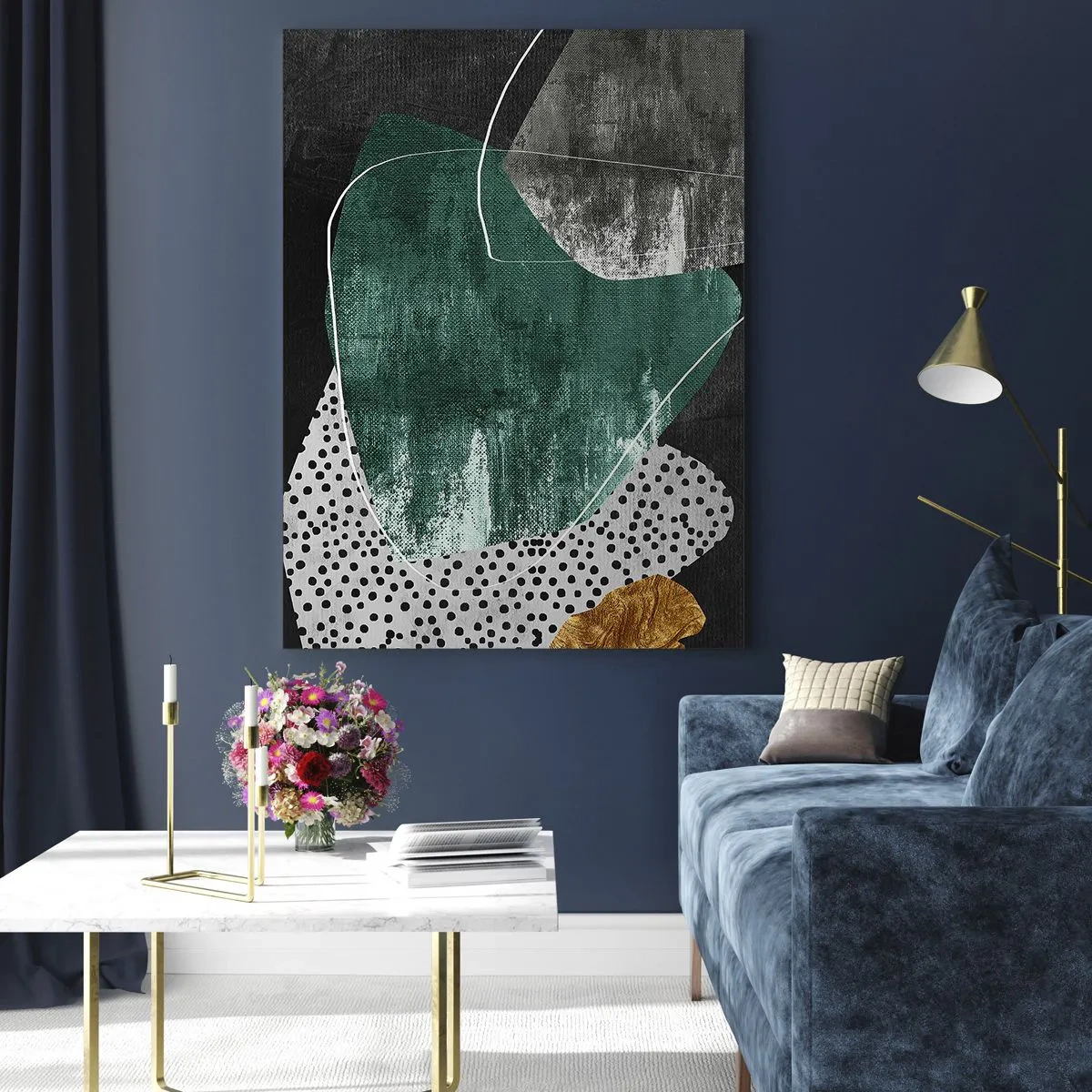 Glasbild - Bild auf glas - Abstrakte Komposition mit grünen Formen und Punktmustern - 80x120cm - Bunte Abstraktion mit Blattgold - Moderne Wanddekoration für Wohnzimmer und Schlafzimmer ARTTOR