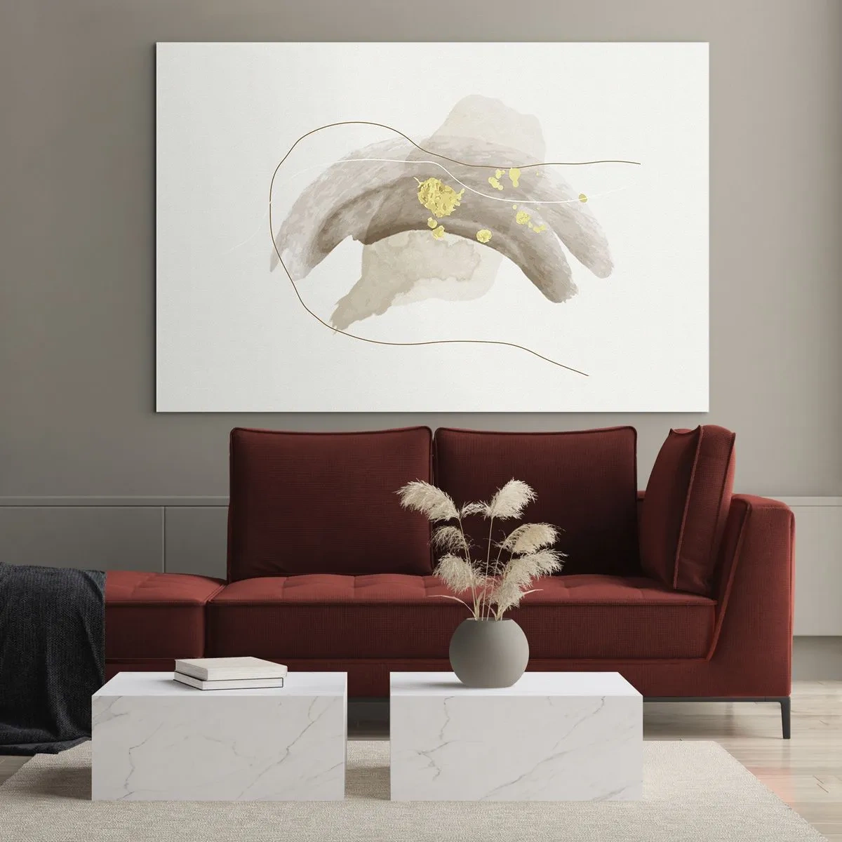 Glasbild - Bild auf glas - Beige und goldene Abstraktion mit zarten Linien und Formen - 70x50cm - Im Weltraum begegnet - Moderne Wanddekoration für Wohnzimmer und Schlafzimmer ARTTOR
