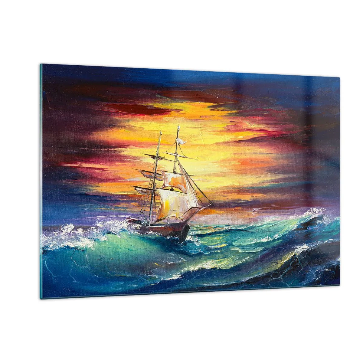Glasbild - Bild auf glas - Ein Schiff auf stürmischer See bei Sonnenuntergang - 120x80cm - Tapfer unter den Wellen - Moderne Wanddekoration für Wohnzimmer und Schlafzimmer ARTTOR