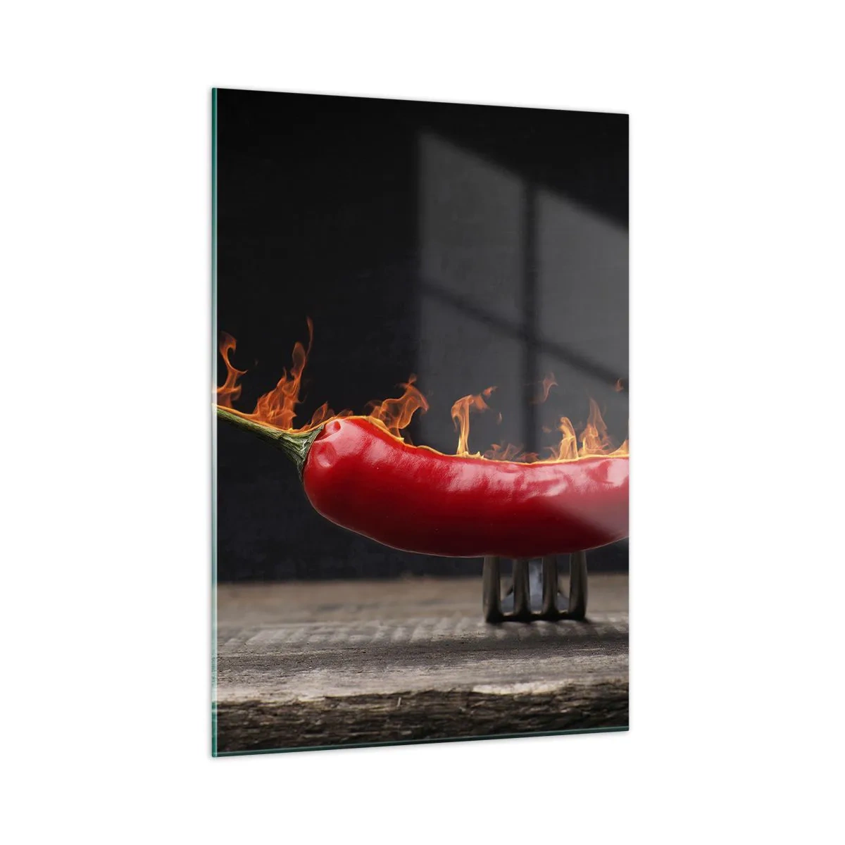 Glasbild - Bild auf glas - Brennende rote Chilischote auf schwarzem Hintergrund - 50x70cm - Eine feurige Vorspeise - Moderne Wanddekoration für Wohnzimmer und Schlafzimmer ARTTOR