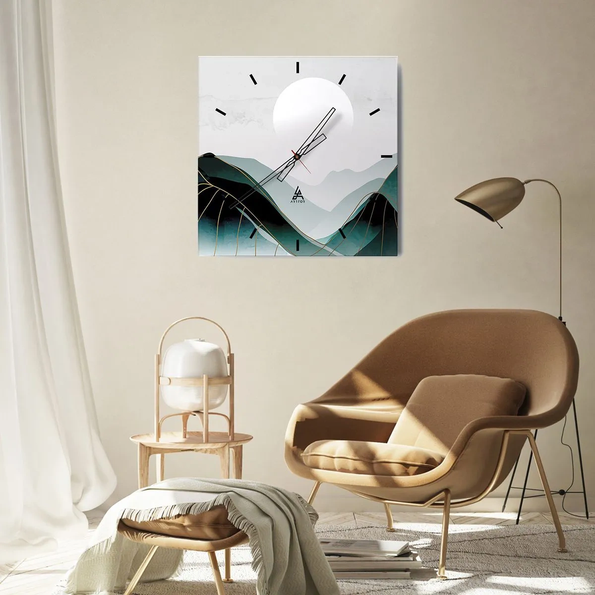Wanduhr - Glasuhr - Abstrakte Berglandschaft mit Mond und goldenen Linien - 30x30cm - In voller Majestät - Moderne Wanddekoration für Wohnzimmer und Schlafzimmer ARTTOR