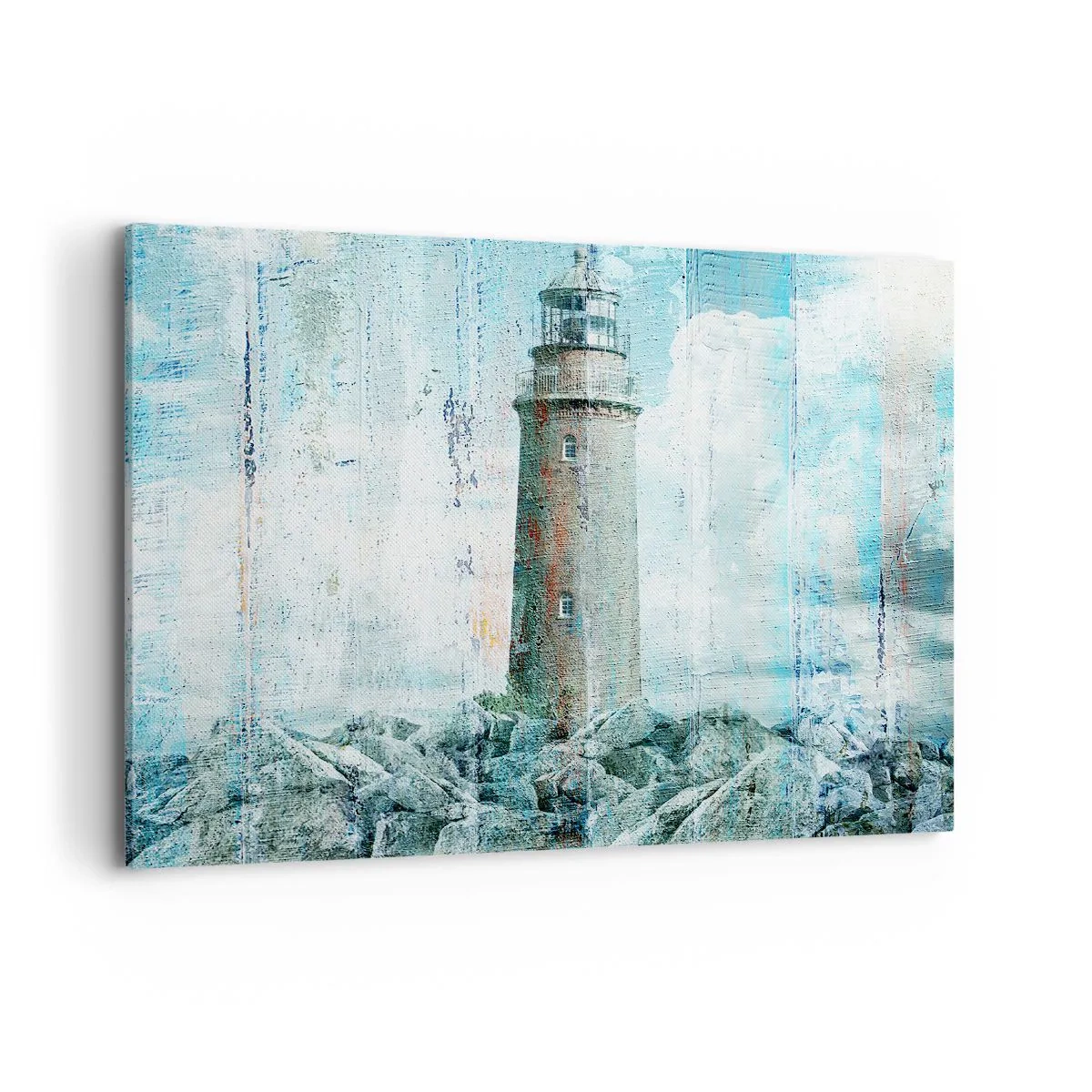 Bild auf Leinwand - Leinwandbild - Ein Leuchtturm an einer felsigen Küste in Pastellfarben - 100x70cm - Auf altem Holz - Moderne Wanddekoration für Wohnzimmer und Schlafzimmer ARTTOR