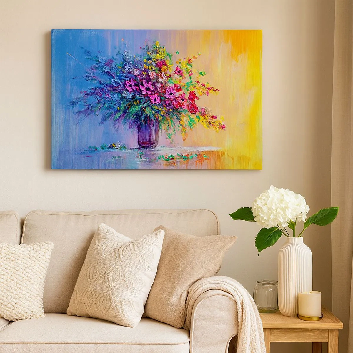 Bild auf Leinwand - Leinwandbild - Ein bunter Blumenstrauß in einer Vase vor einem Hintergrund mit Farbverlauf - 70x50cm - Sommergeschenk der Wiese - Moderne Wanddekoration für Wohnzimmer und Schlafzimmer ARTTOR