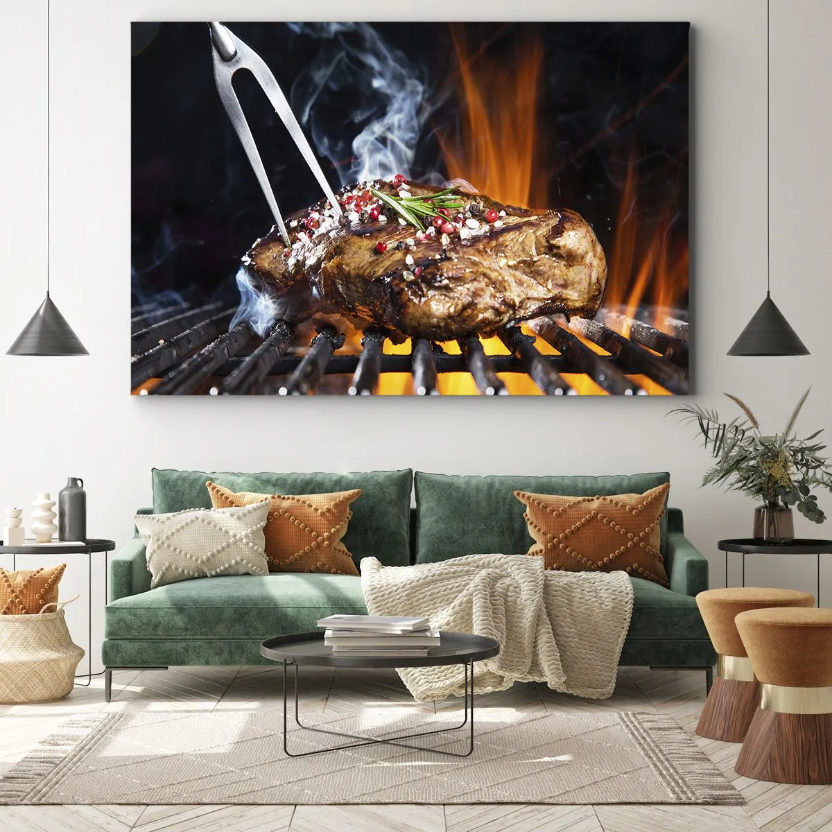 Bild auf Leinwand - Leinwandbild - Gegrilltes Steak auf einem Grill mit Gewürzen - 120x80cm - Saftig und duftend - Moderne Wanddekoration für Wohnzimmer und Schlafzimmer ARTTOR