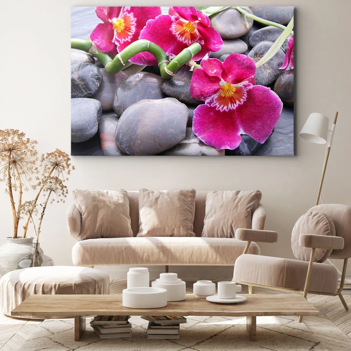 Bild auf Leinwand - Leinwandbild - Rosa Orchideen vor einem Hintergrund aus glatten Steinen - 70x50cm - Kühlen und erhitzen - Moderne Wanddekoration für Wohnzimmer und Schlafzimmer ARTTOR