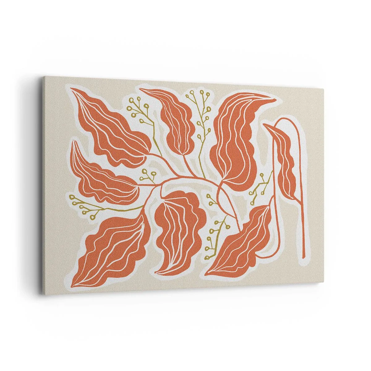 Bild auf Leinwand - Leinwandbild - Ein minimalistisches Blattmotiv in Orange- und Grüntönen. - 100x70cm - Im Folkstil und korallenartig - Moderne Wanddekoration für Wohnzimmer und Schlafzimmer ARTTOR