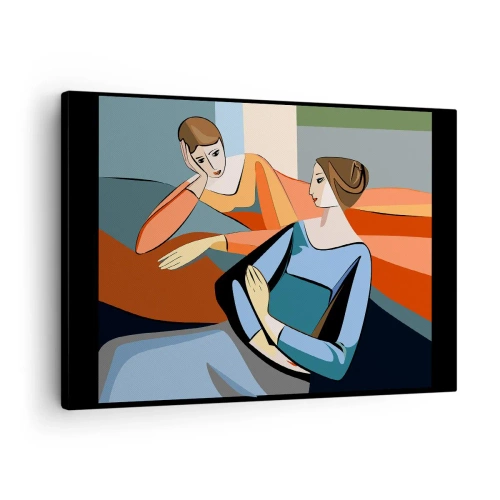 Bild auf Leinwand - Leinwandbild - Abstrakte Darstellung zweier Frauen im kubistischen Stil - 70x50cm - Moment der Zuversicht - Moderne Wanddekoration für Wohnzimmer und Schlafzimmer ARTTOR
