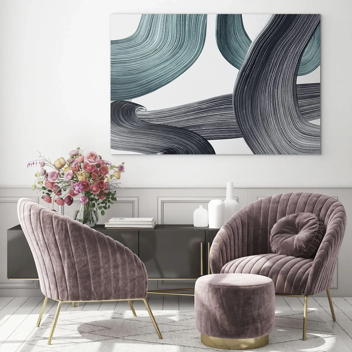 Glasbild - Bild auf glas - Dynamische Streifen in Smaragd- und Schwarztönen auf weißem Hintergrund - 120x80cm - Smaragdgrüne und schwarze Pfade - Moderne Wanddekoration für Wohnzimmer und Schlafzimmer ARTTOR