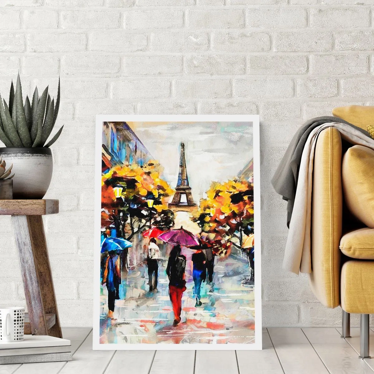 Poster - Der Eiffelturm in einer Herbstlandschaft mit bunten Regenschirmen - 50x70cm - Besonders schön im Herbst - Moderne Wanddekoration für Wohnzimmer und Schlafzimmer ARTTOR