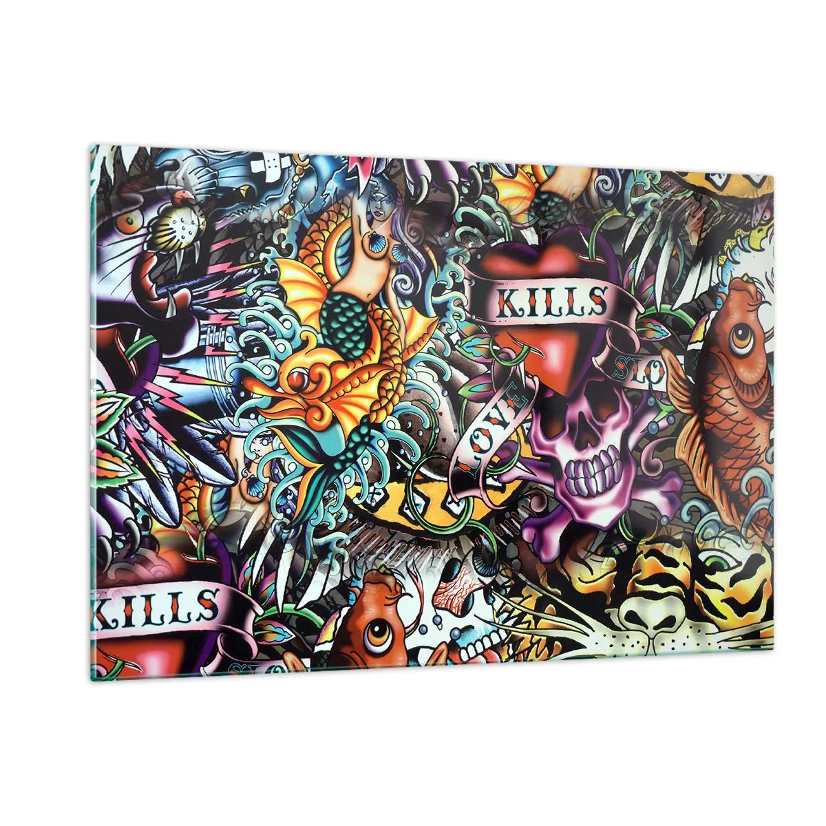 Glasbild - Bild auf glas - Eine farbenfrohe Komposition aus Mustern, inspiriert von der Tattoo-Kunst - 120x80cm - Der Traum des Tätowierers - Moderne Wanddekoration für Wohnzimmer und Schlafzimmer ARTTOR