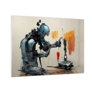 Glasbild - Bild auf glas - Ein Roboter, der eine mechanische Hand auf einen abstrakten Hintergrund malt. - 70x50cm - Schon morgen… - Moderne Wanddekoration für Wohnzimmer und Schlafzimmer ARTTOR