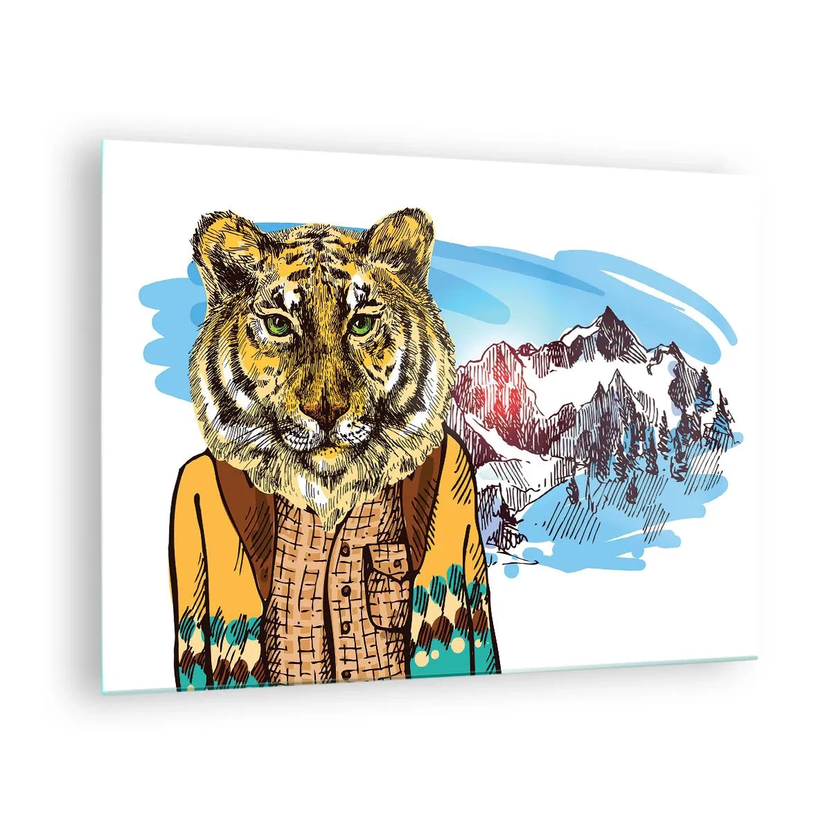 Glasbild - Bild auf glas - Ein Tiger in einer Weste vor einer Berglandschaft - 70x50cm - Nicht so wild, wie sie ihn zeichnen - Moderne Wanddekoration für Wohnzimmer und Schlafzimmer ARTTOR