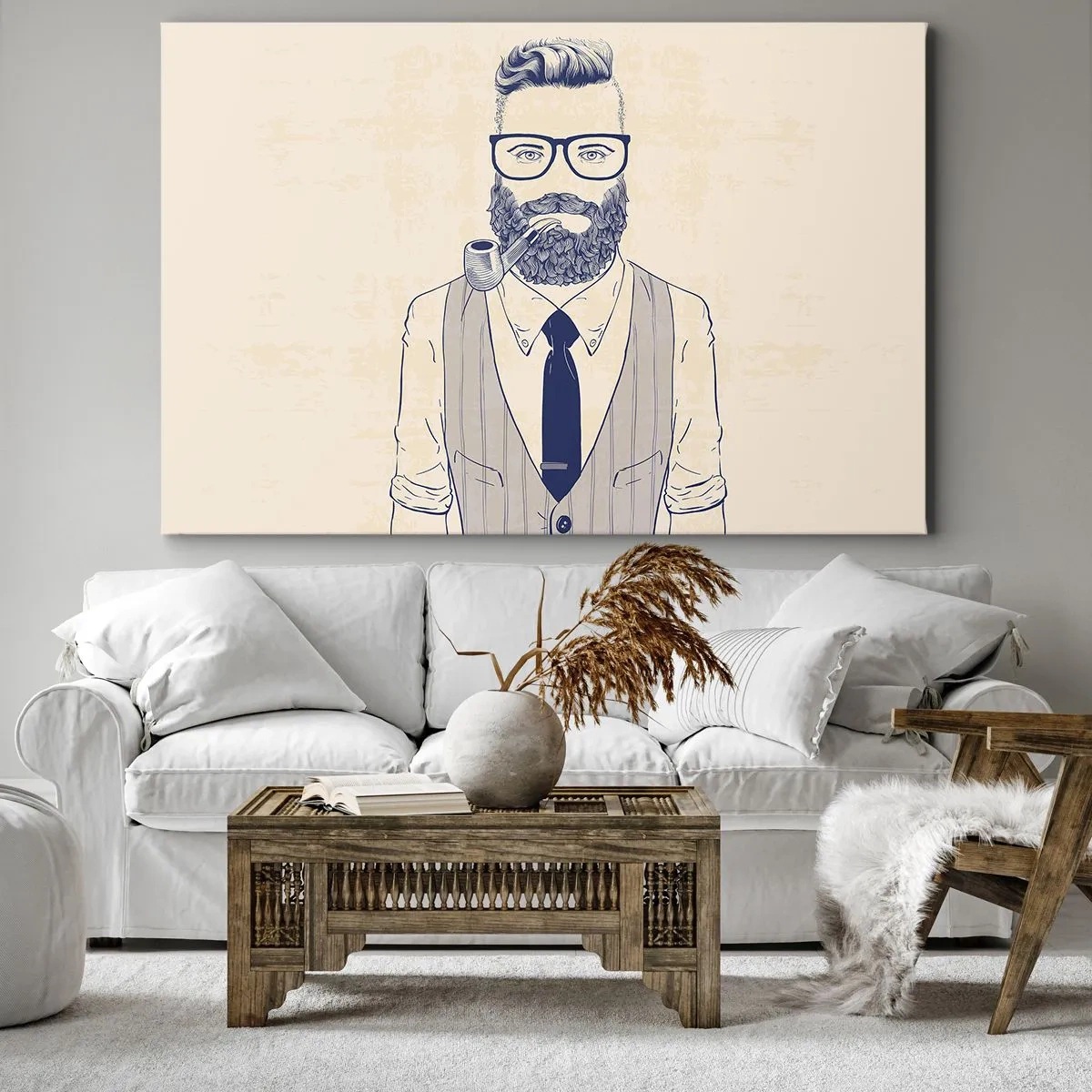 Bild auf Leinwand - Leinwandbild - Stilisierter Mann mit Bart, Pfeife und Brille - 120x80cm - Fröhlich, maskulin und modisch - Moderne Wanddekoration für Wohnzimmer und Schlafzimmer ARTTOR