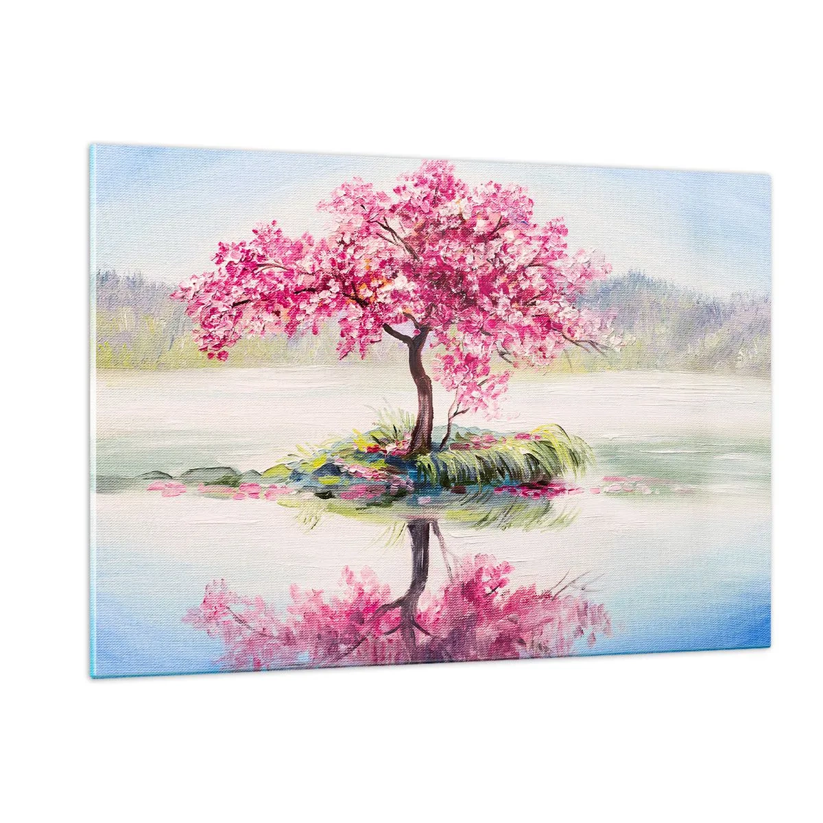 Glasbild - Bild auf glas - Ein rosa Baum auf einer Insel, der sich im ruhigen Wasser spiegelt - 120x80cm - Der Ritus des Frühlings - Moderne Wanddekoration für Wohnzimmer und Schlafzimmer ARTTOR
