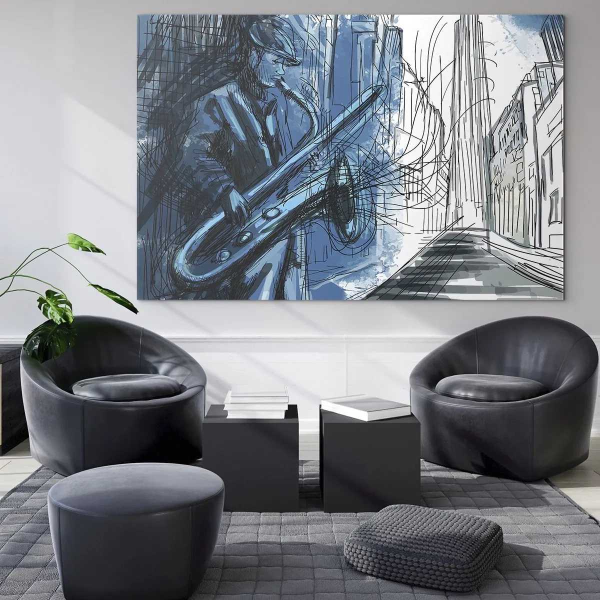 Glasbild - Bild auf glas - Jazz-Saxophonist in blau getönter urbaner Umgebung - 100x70cm - Urbane Rhapsodie - Moderne Wanddekoration für Wohnzimmer und Schlafzimmer ARTTOR