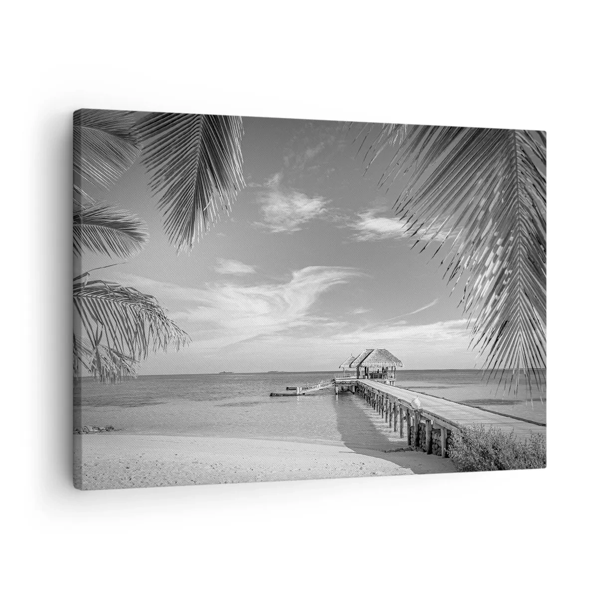 Bild auf Leinwand - Leinwandbild - Schwarz-weißer Strand mit Pier und Palmen an einer tropischen Küste - 70x50cm - Erinnerung oder Traum? - Moderne Wanddekoration für Wohnzimmer und Schlafzimmer ARTTOR