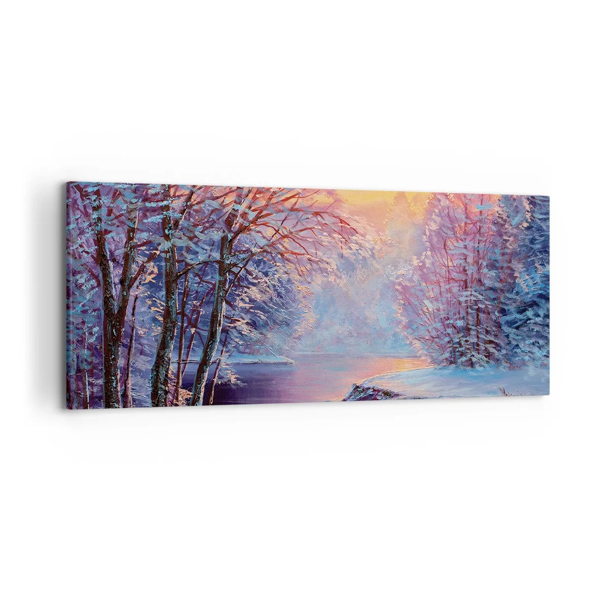 Bild auf Leinwand - Leinwandbild - Winterlandschaft mit Fluss und Bäumen bei Sonnenaufgang - 120x50cm - Die Farben des Winters - Moderne Wanddekoration für Wohnzimmer und Schlafzimmer ARTTOR