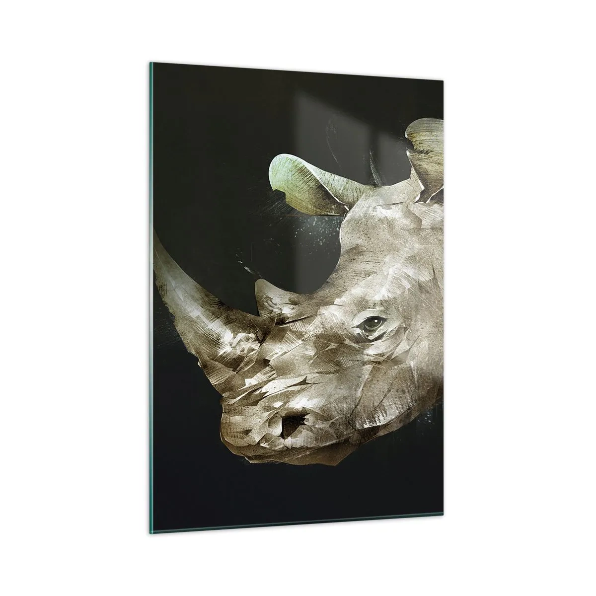 Glasbild - Bild auf glas - Künstlerische Darstellung eines Nashornkopfes vor dunklem Hintergrund - 50x70cm - Eine wahrhaft männliche Stärke - Moderne Wanddekoration für Wohnzimmer und Schlafzimmer ARTTOR