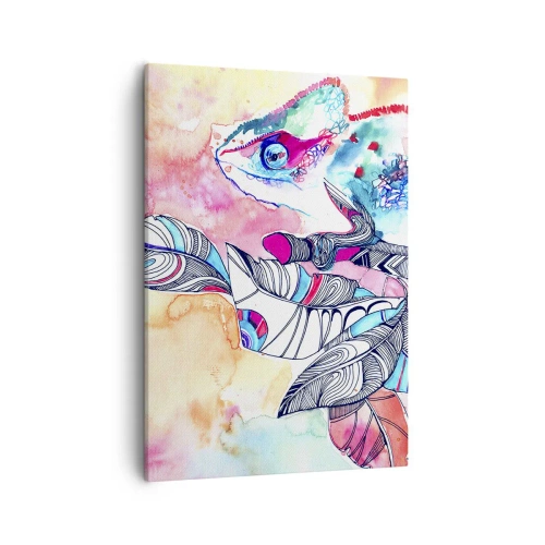 Bild auf Leinwand - Leinwandbild - Buntes Chamäleon auf abstraktem Blätterhintergrund - 50x70cm - So bunt wie unsere Welt - Moderne Wanddekoration für Wohnzimmer und Schlafzimmer ARTTOR