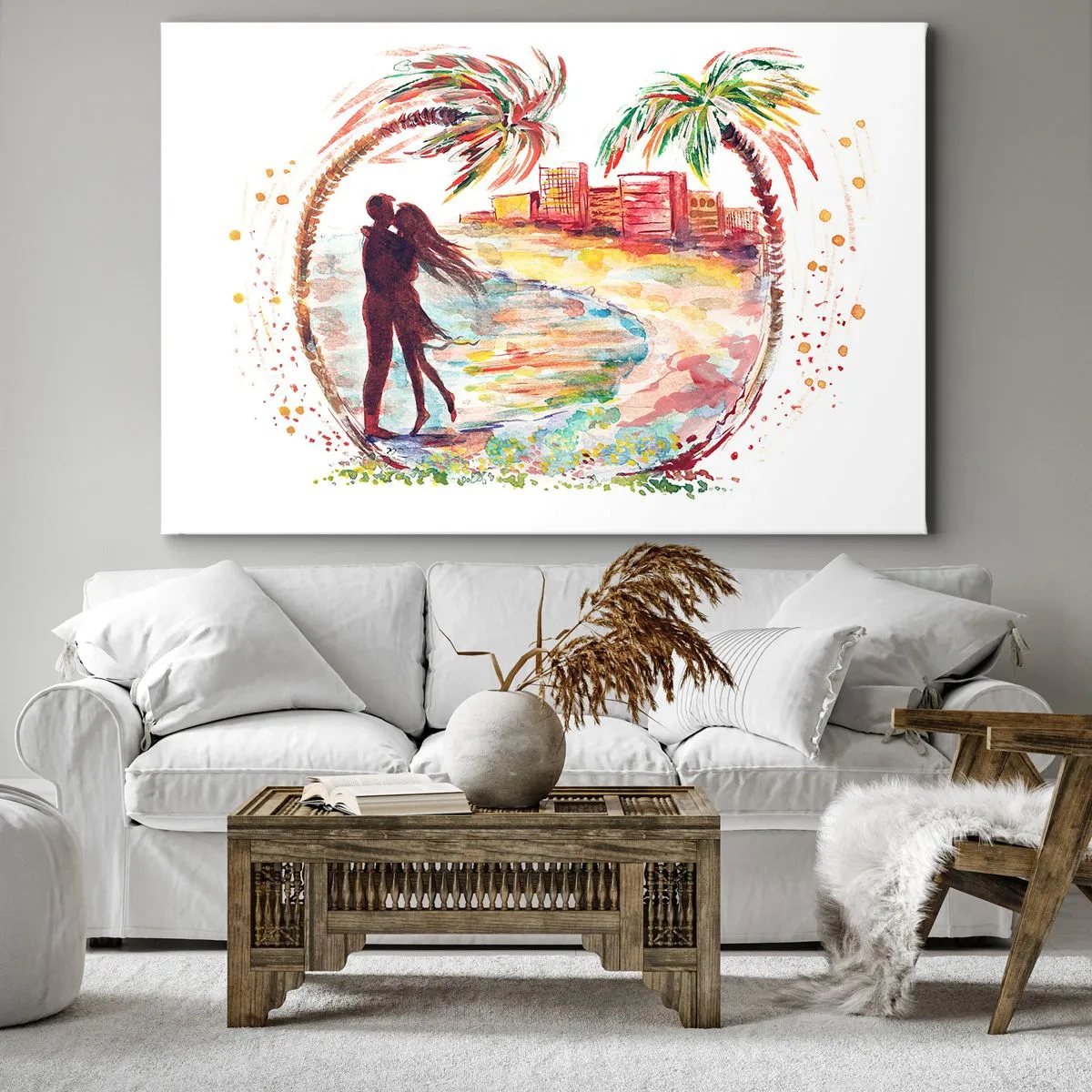 Bild auf Leinwand - Leinwandbild - Romantische Paarszene an einem Strand mit Palmen in Aquarell - 120x80cm - Romantischer Urlaub - Moderne Wanddekoration für Wohnzimmer und Schlafzimmer ARTTOR