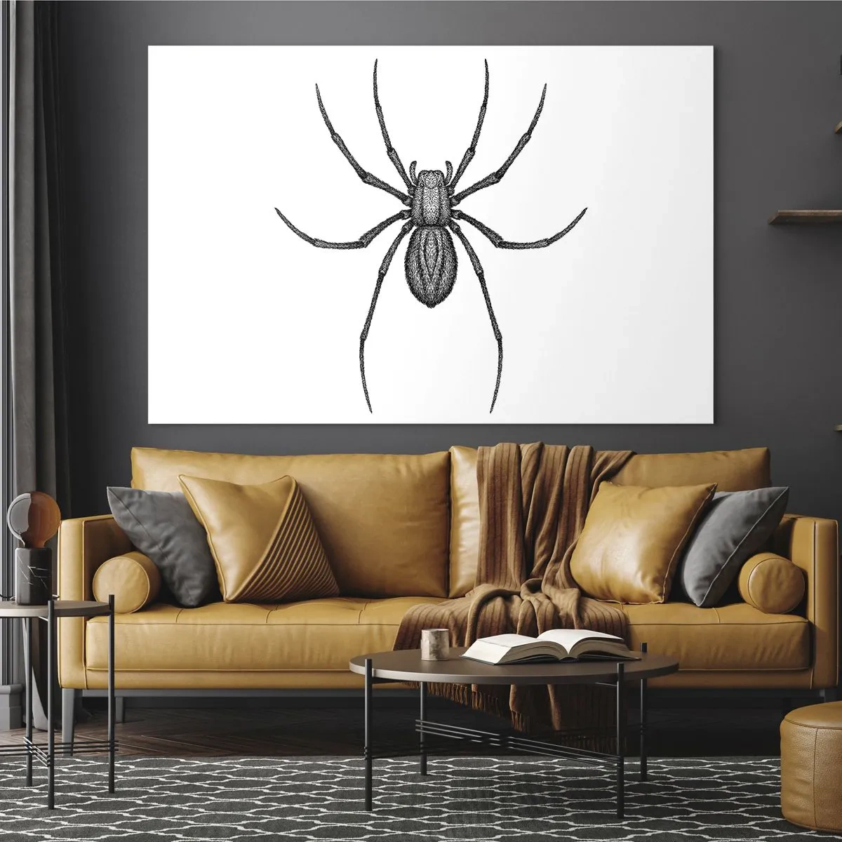 Glasbild - Bild auf glas - Retro-Stil Illustration einer schwarzen Spinne auf weißem Hintergrund - 100x70cm - Beunruhigende Präzision - Moderne Wanddekoration für Wohnzimmer und Schlafzimmer ARTTOR