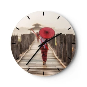 Wanduhr - Glasuhr - Eine Frau mit einem roten Regenschirm auf einer Holzbrücke - 30x30cm - Auf der alten Brücke - Moderne Wanddekoration für Wohnzimmer, Küche und Schlafzimmer ARTTOR