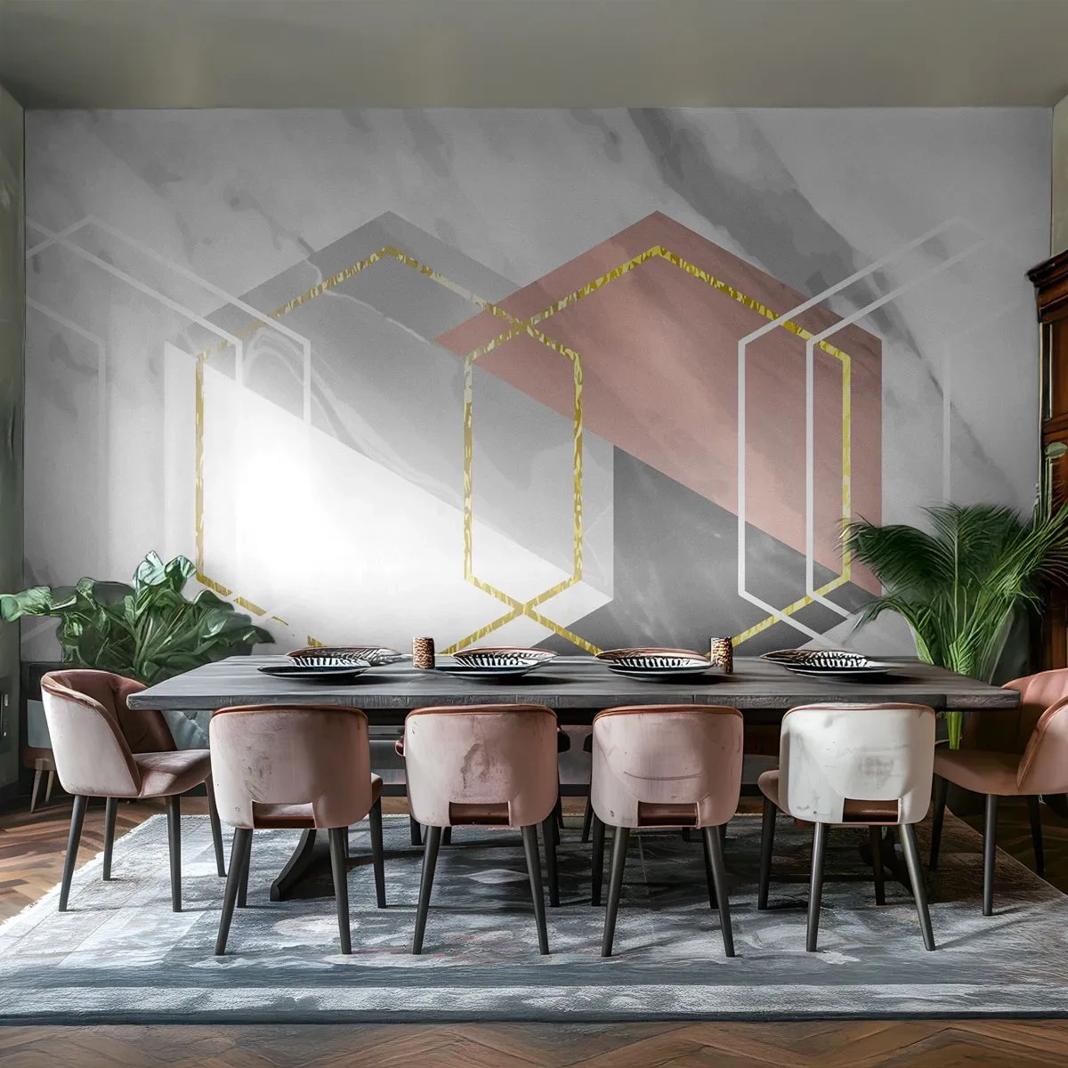 Fototapete Premium Sand - Kettenkomposition - Abstraktion, Stück, Hexagon - 350x256 cm