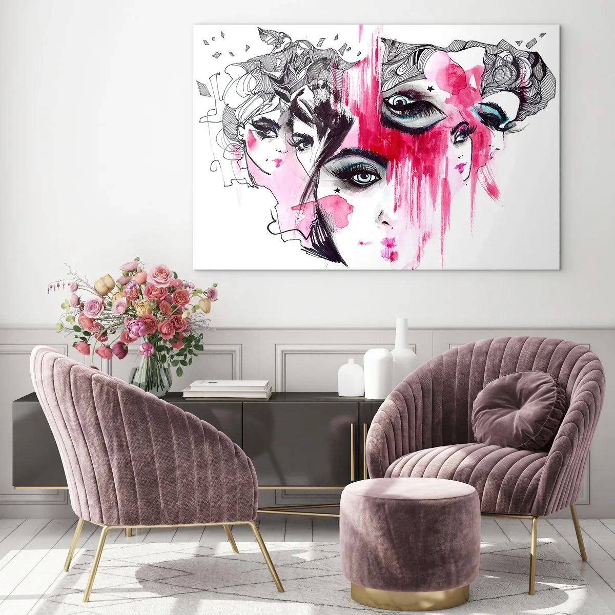 Glasbild - Bild auf glas - Abstrakte weibliche Gesichter mit rosa Akzenten im Skizzenstil. - 100x70cm - Abstrakte Augen - Moderne Wanddekoration für Wohnzimmer und Schlafzimmer ARTTOR